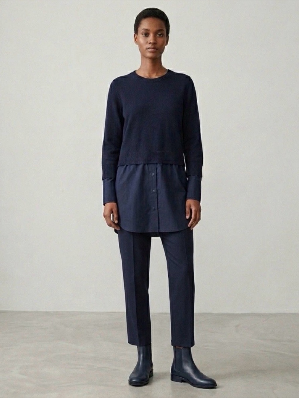 COS Navy Blue Layered Sweater Shirtdress - Long Sleeve Mixed Media Dress Sz M